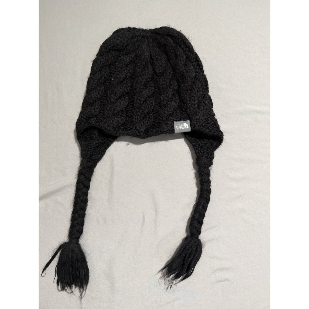 The North Face black knit winter hat cap with pigtails, OS